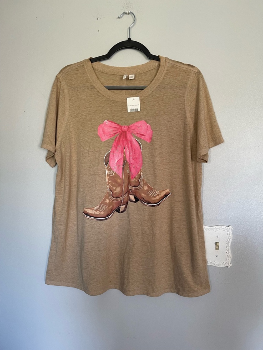 Cato Tan Short Sleeve Tee with Cowboy Boots and Pink Bow Graphic